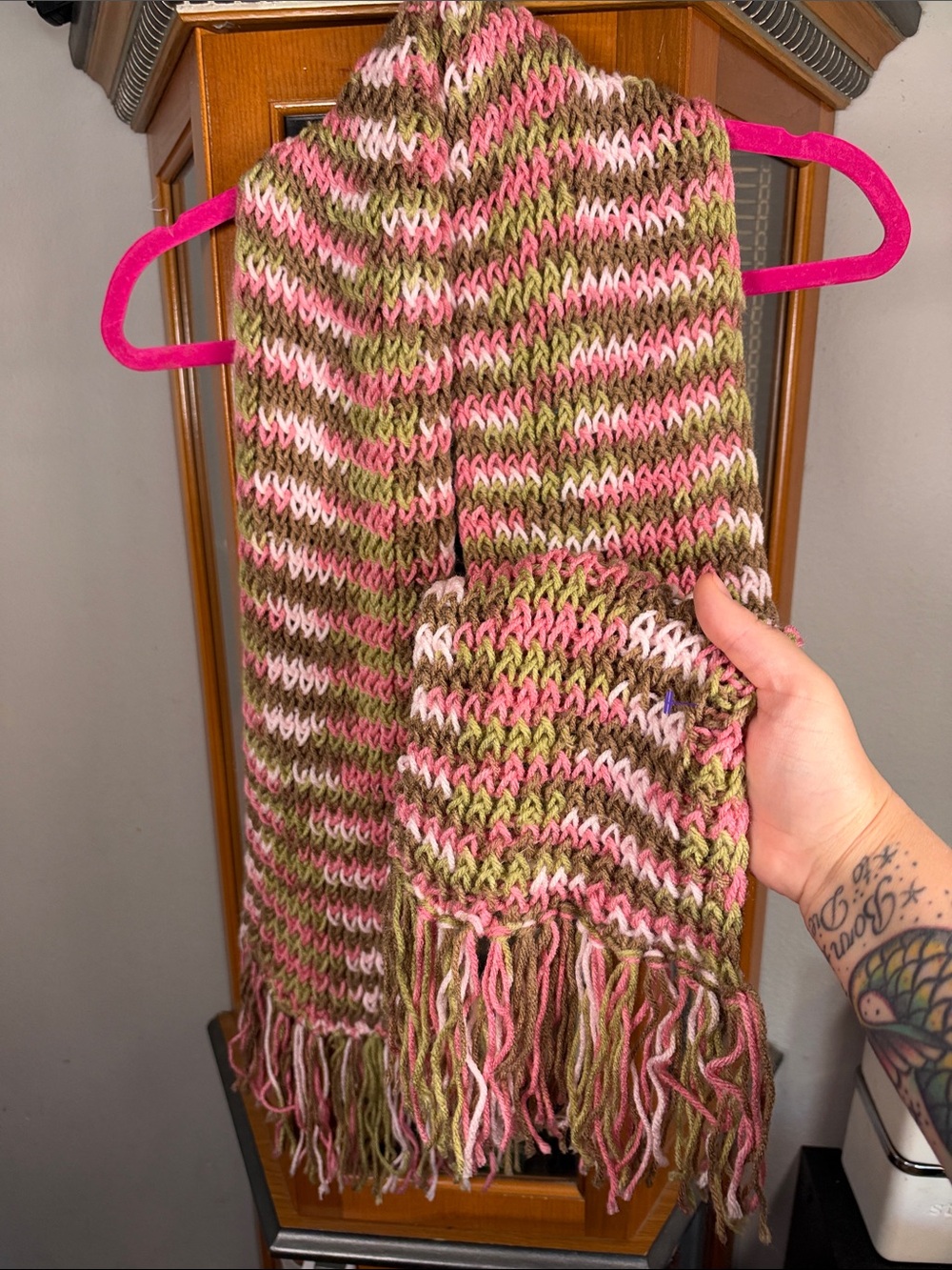 Hand-Knit Green and Pink Striped Women's Scarf